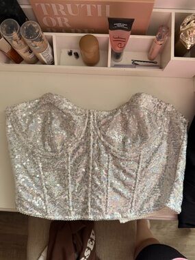 Silver Sequin Strapless Bustier Top